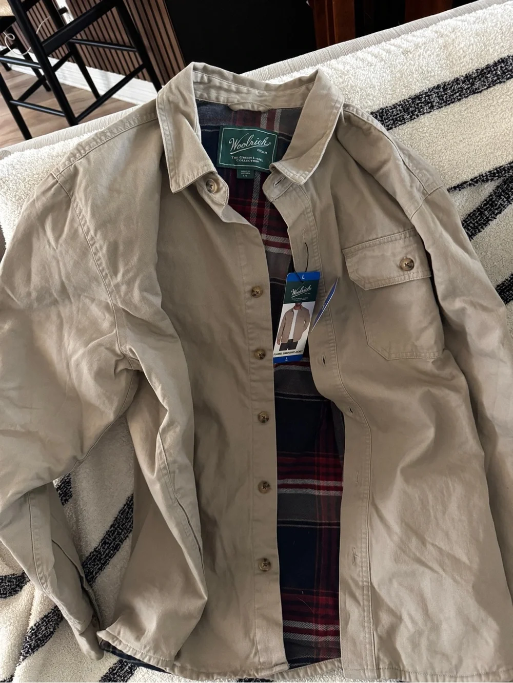Woolrich Men's Tan Button-Front Shirt Jacket with Plaid Lining